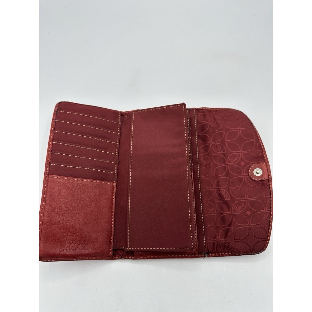 Fossil Red Leather Clutch Wallet Wristlet Organizer Women's Snap Zip - Picture 6 of 10